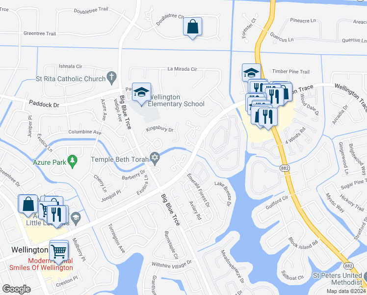 map of restaurants, bars, coffee shops, grocery stores, and more near 10 Dartford Trail in Wellington