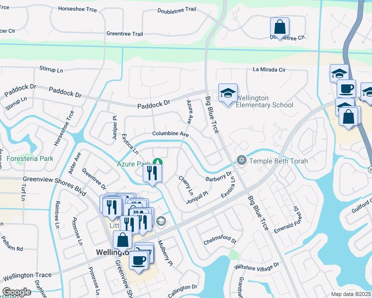 map of restaurants, bars, coffee shops, grocery stores, and more near 13655 Barberry Drive in Wellington