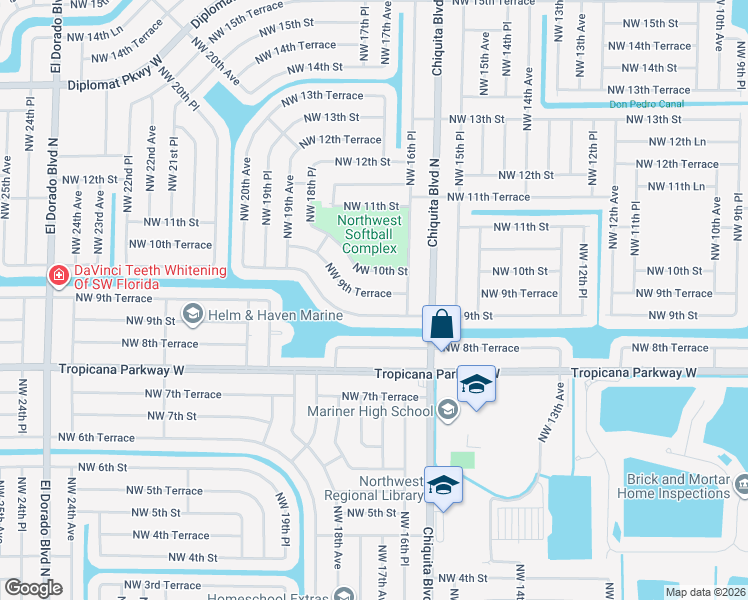 map of restaurants, bars, coffee shops, grocery stores, and more near 1704 Northwest 9th Terrace in Cape Coral