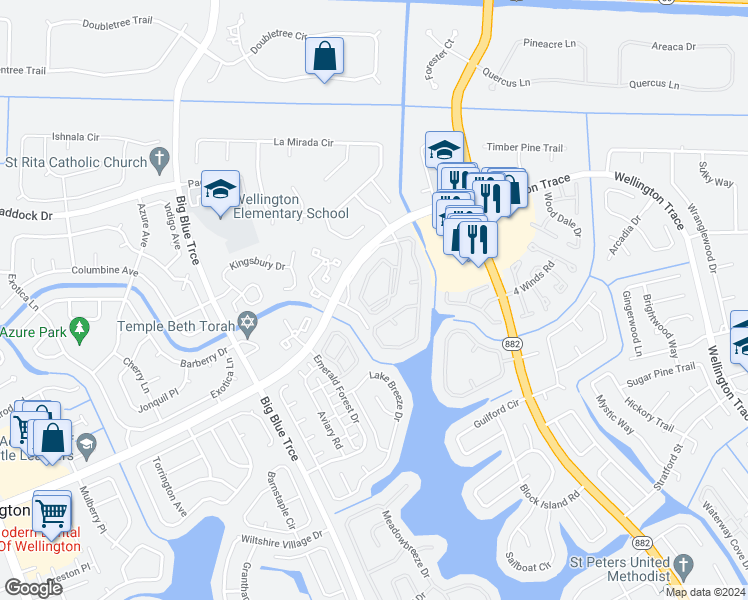 map of restaurants, bars, coffee shops, grocery stores, and more near 1 Forest Club Drive in Wellington