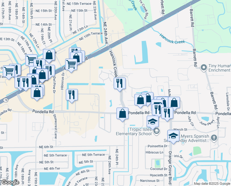 map of restaurants, bars, coffee shops, grocery stores, and more near 1080 Hancock Creek South Boulevard in Cape Coral