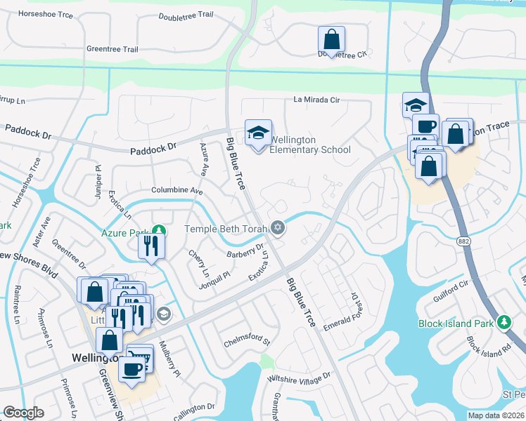 map of restaurants, bars, coffee shops, grocery stores, and more near 13957 Exotica Lane in Wellington