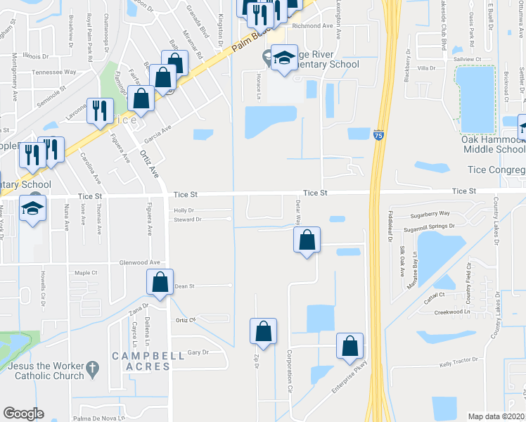 map of restaurants, bars, coffee shops, grocery stores, and more near 5100 Tice Street in Fort Myers
