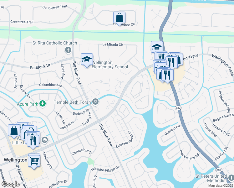 map of restaurants, bars, coffee shops, grocery stores, and more near 10 Dartford Trail in Wellington