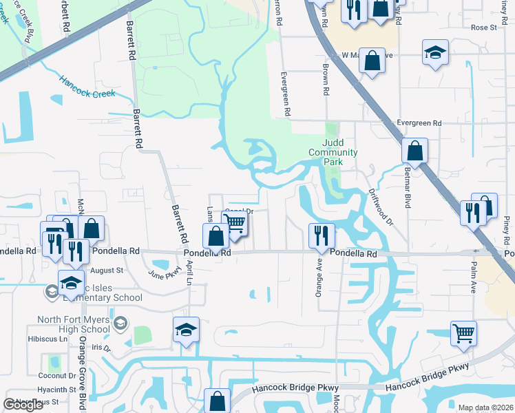 map of restaurants, bars, coffee shops, grocery stores, and more near 646 Canal Drive in North Fort Myers