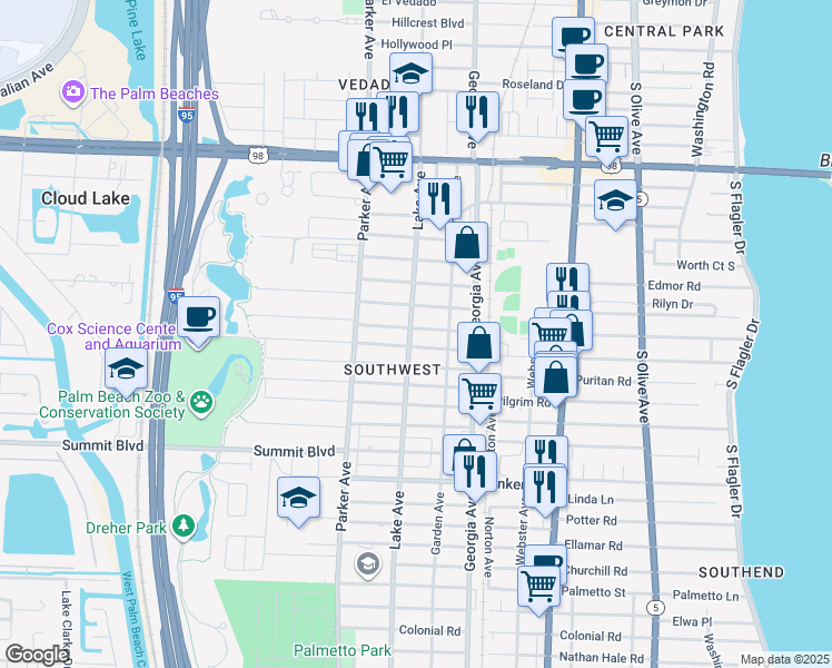 map of restaurants, bars, coffee shops, grocery stores, and more near 730 Francis Street in West Palm Beach