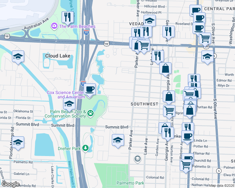 map of restaurants, bars, coffee shops, grocery stores, and more near 1005 West Lakewood Road in West Palm Beach