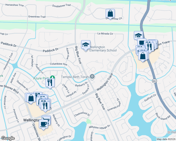 map of restaurants, bars, coffee shops, grocery stores, and more near 13435 Georgian Court in Wellington