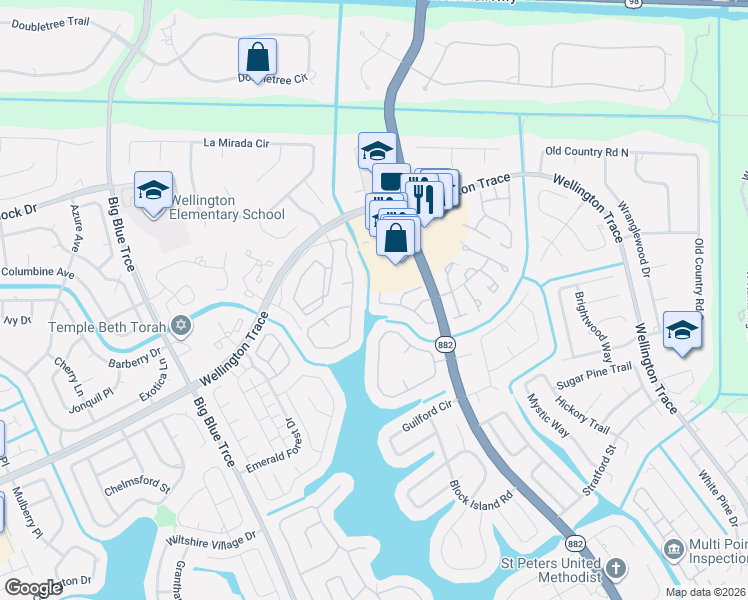 map of restaurants, bars, coffee shops, grocery stores, and more near 12858 Spinnaker Lane in Wellington