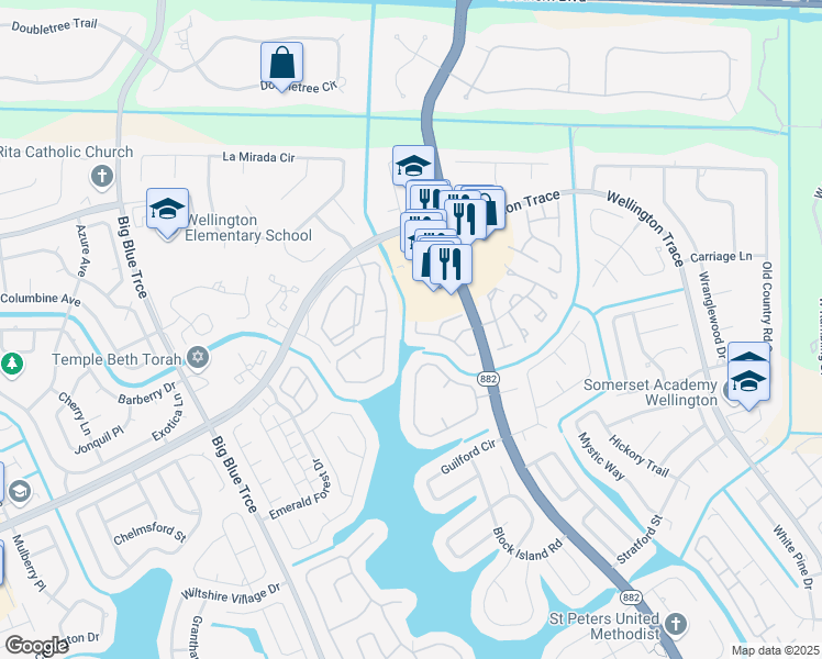 map of restaurants, bars, coffee shops, grocery stores, and more near 12827 Spinnaker Lane in Wellington