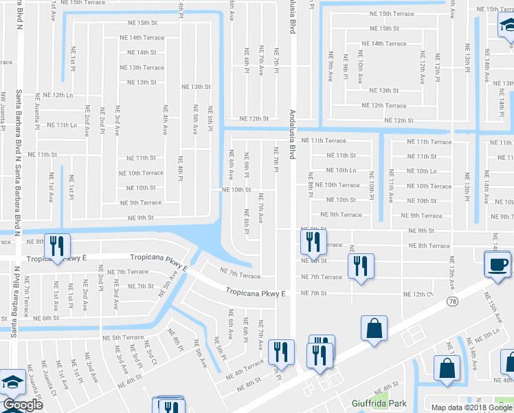 map of restaurants, bars, coffee shops, grocery stores, and more near 846 Northeast 7th Avenue in Cape Coral
