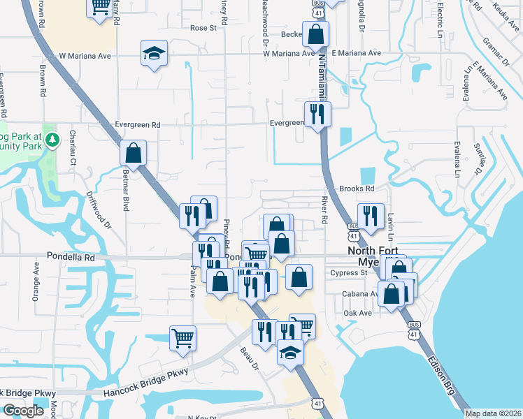 map of restaurants, bars, coffee shops, grocery stores, and more near Hitzing Avenue in North Fort Myers