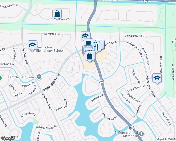 map of restaurants, bars, coffee shops, grocery stores, and more near 12827 Spinnaker Lane in Wellington