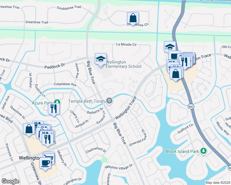 map of restaurants, bars, coffee shops, grocery stores, and more near 13313 Kingsbury Drive in Wellington