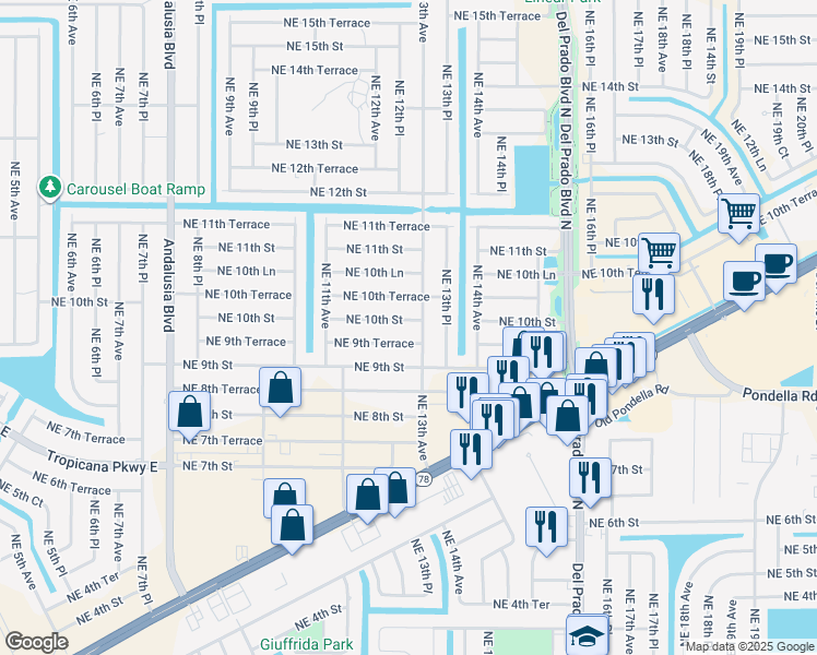 map of restaurants, bars, coffee shops, grocery stores, and more near 1216 Northeast 10th Street in Cape Coral