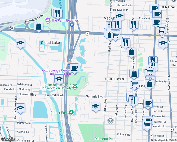 map of restaurants, bars, coffee shops, grocery stores, and more near 1045 West Lakewood Road in West Palm Beach
