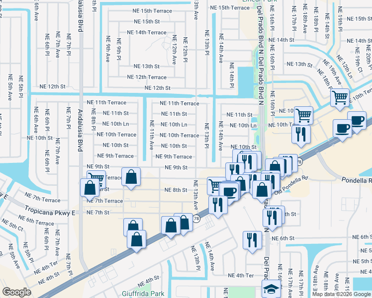 map of restaurants, bars, coffee shops, grocery stores, and more near 1216 Northeast 10th Street in Cape Coral