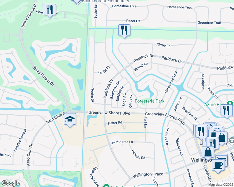 map of restaurants, bars, coffee shops, grocery stores, and more near 805 Daffodil Drive in Wellington