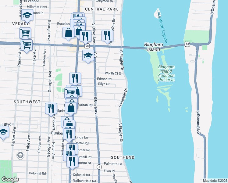 map of restaurants, bars, coffee shops, grocery stores, and more near 123 Murray Road in West Palm Beach