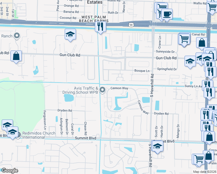 map of restaurants, bars, coffee shops, grocery stores, and more near 5241 Cannon Way in West Palm Beach