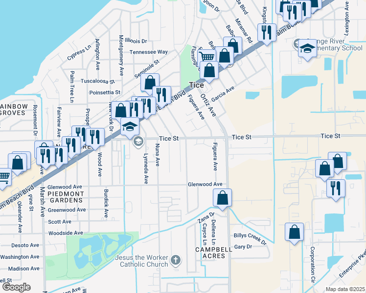 map of restaurants, bars, coffee shops, grocery stores, and more near 522 Carolina Avenue in Fort Myers