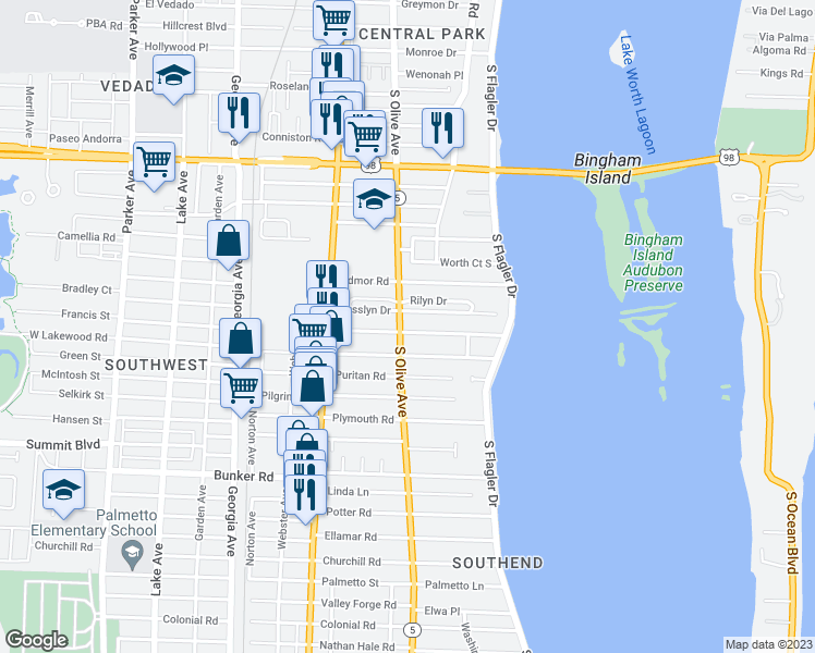 map of restaurants, bars, coffee shops, grocery stores, and more near 257 Murray Road in West Palm Beach
