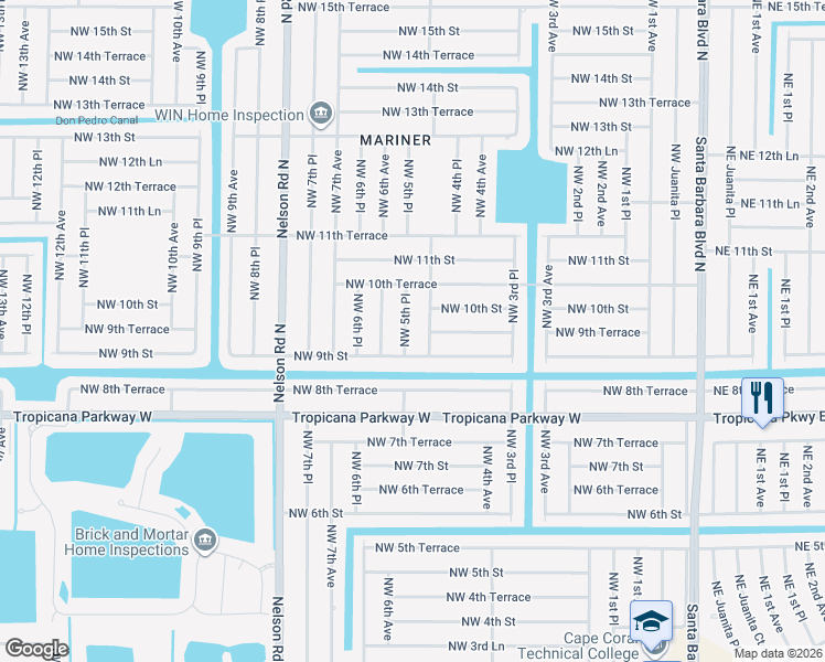 map of restaurants, bars, coffee shops, grocery stores, and more near 923 Northwest 5th Place in Cape Coral