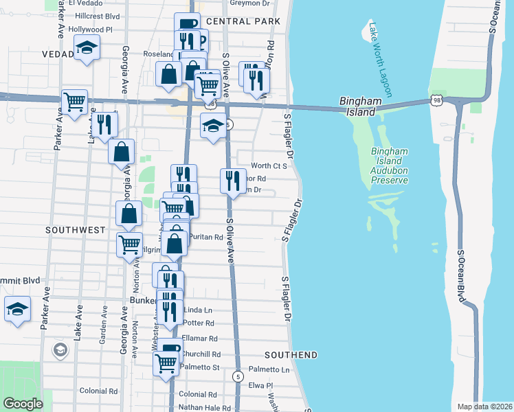 map of restaurants, bars, coffee shops, grocery stores, and more near 225 Murray Road in West Palm Beach