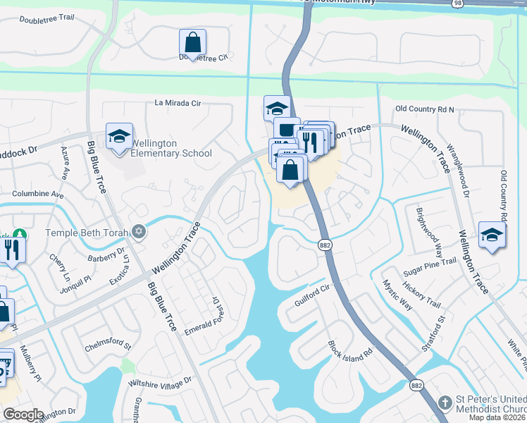 map of restaurants, bars, coffee shops, grocery stores, and more near 716 Lake Wellington Drive in Wellington