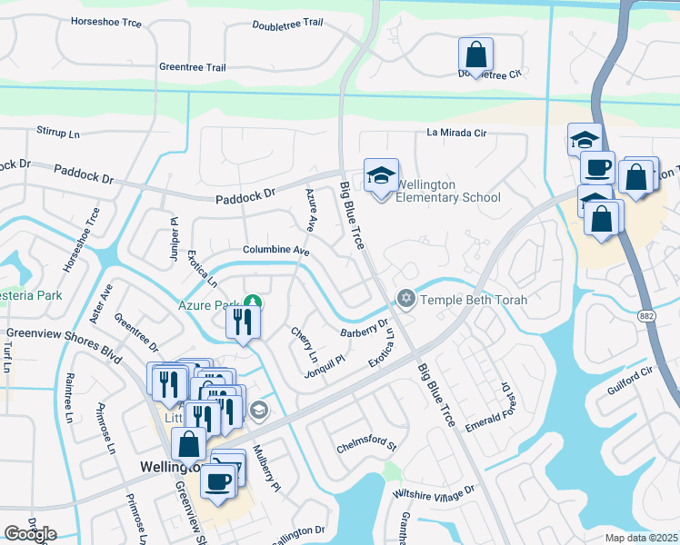 map of restaurants, bars, coffee shops, grocery stores, and more near 13932 Cranberry Court in Wellington