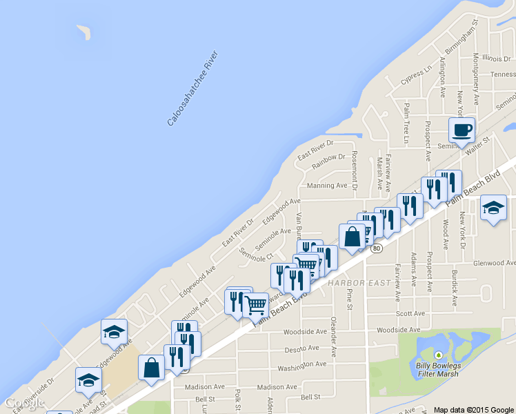 map of restaurants, bars, coffee shops, grocery stores, and more near 3943 East River Drive in Fort Myers