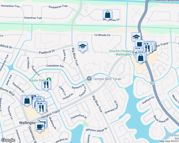 map of restaurants, bars, coffee shops, grocery stores, and more near 13435 Georgian Court in Wellington