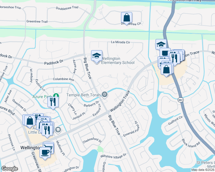 map of restaurants, bars, coffee shops, grocery stores, and more near 13435 Georgian Court in Wellington