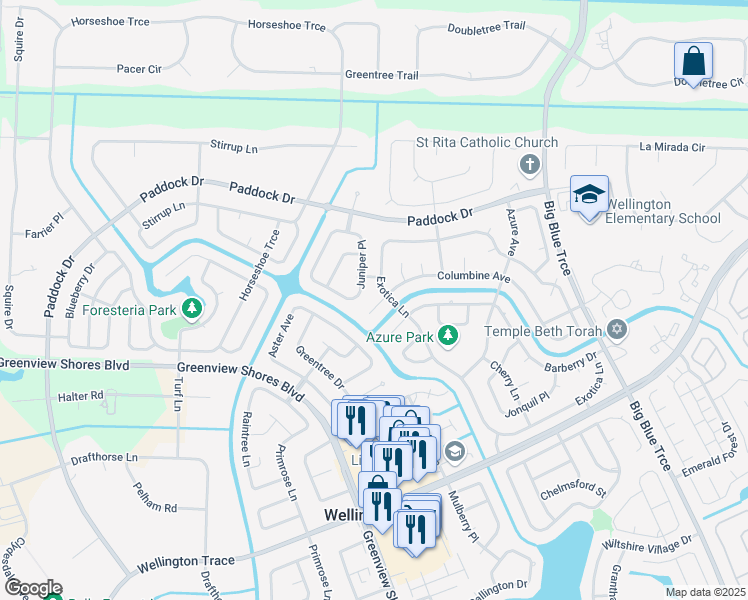 map of restaurants, bars, coffee shops, grocery stores, and more near 13987 Columbine Avenue in Wellington