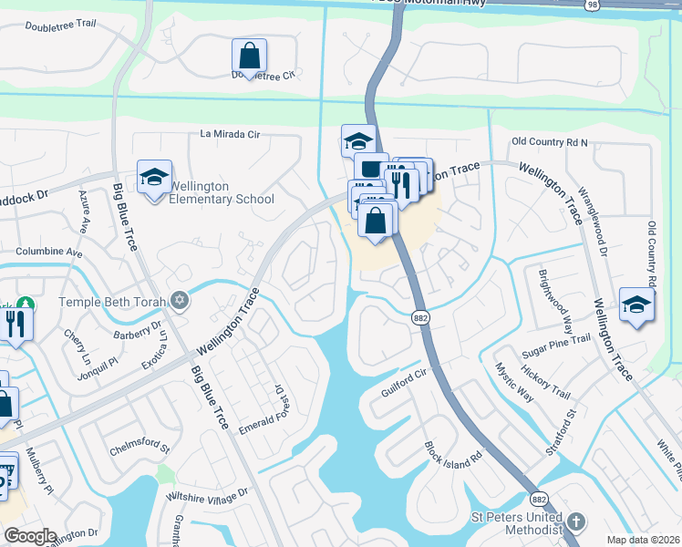 map of restaurants, bars, coffee shops, grocery stores, and more near 716 Lake Wellington Drive in Wellington