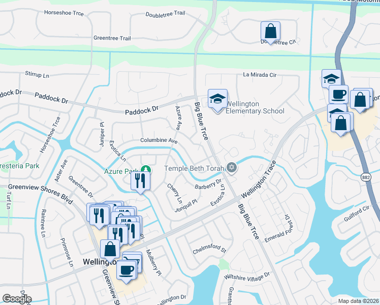 map of restaurants, bars, coffee shops, grocery stores, and more near 13932 Cranberry Court in Wellington