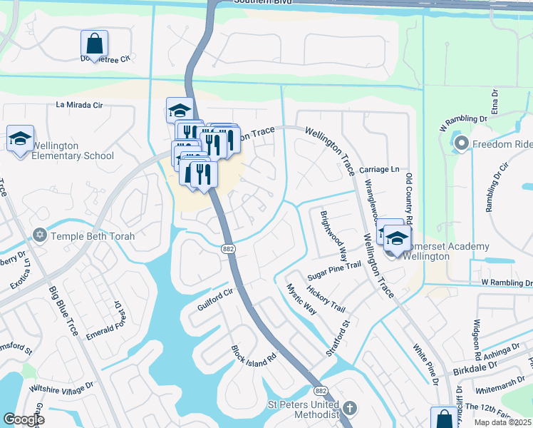 map of restaurants, bars, coffee shops, grocery stores, and more near 495 Oak Shadow Way in Wellington