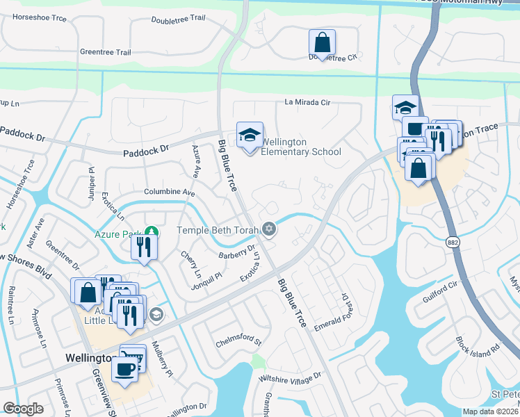 map of restaurants, bars, coffee shops, grocery stores, and more near 13504 Old Englishtown Road in Wellington