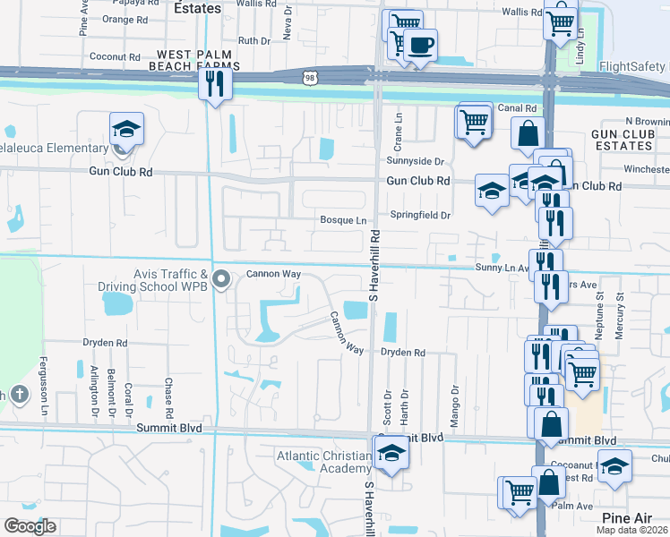 map of restaurants, bars, coffee shops, grocery stores, and more near 5155 Sherman Road in West Palm Beach