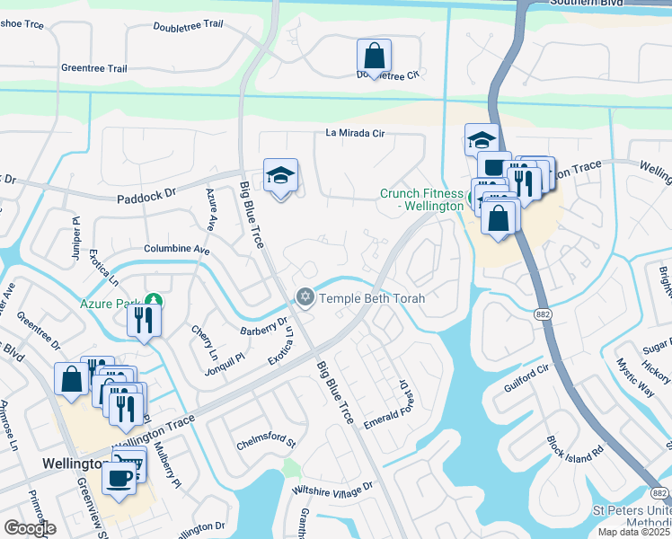 map of restaurants, bars, coffee shops, grocery stores, and more near 13313 Kingsbury Drive in Wellington