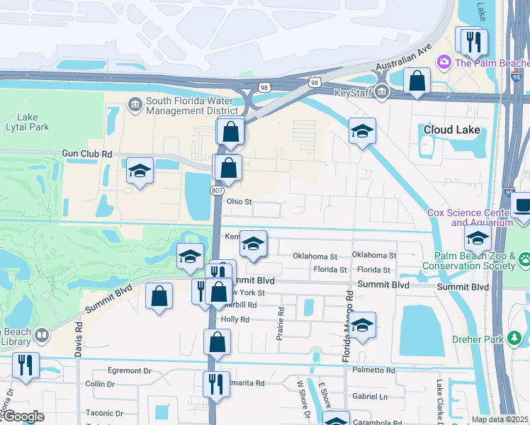 map of restaurants, bars, coffee shops, grocery stores, and more near 2825 Alabama Street in West Palm Beach