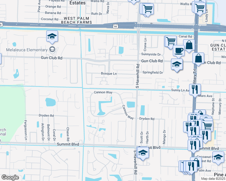 map of restaurants, bars, coffee shops, grocery stores, and more near 5183 Cannon Way in West Palm Beach