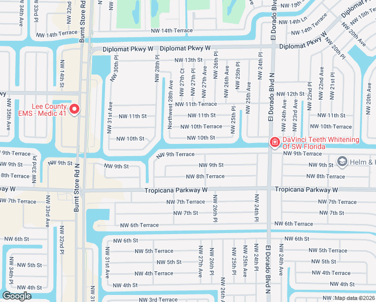 map of restaurants, bars, coffee shops, grocery stores, and more near 2625 Northwest 9th Terrace in Cape Coral