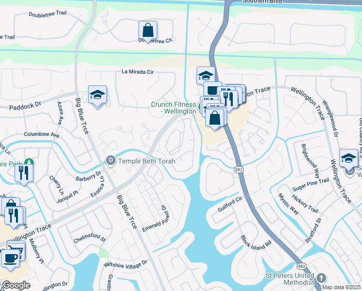 map of restaurants, bars, coffee shops, grocery stores, and more near 711 Forest Club Drive in Wellington