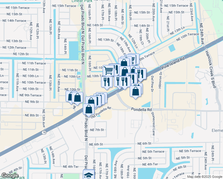 map of restaurants, bars, coffee shops, grocery stores, and more near 1731 Northeast Pine Island Road in Cape Coral