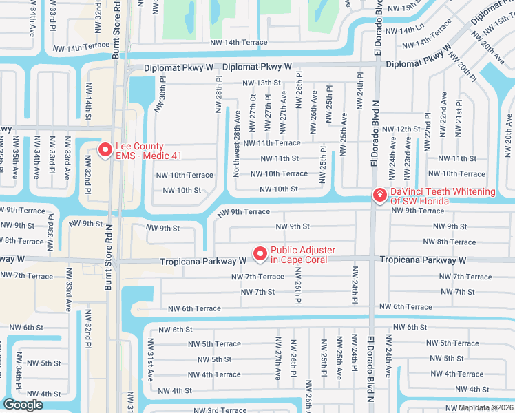 map of restaurants, bars, coffee shops, grocery stores, and more near 2625 Northwest 9th Terrace in Cape Coral