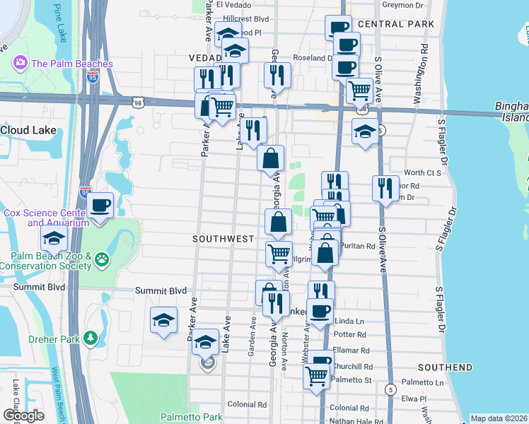 map of restaurants, bars, coffee shops, grocery stores, and more near 4716 Garden Avenue in West Palm Beach