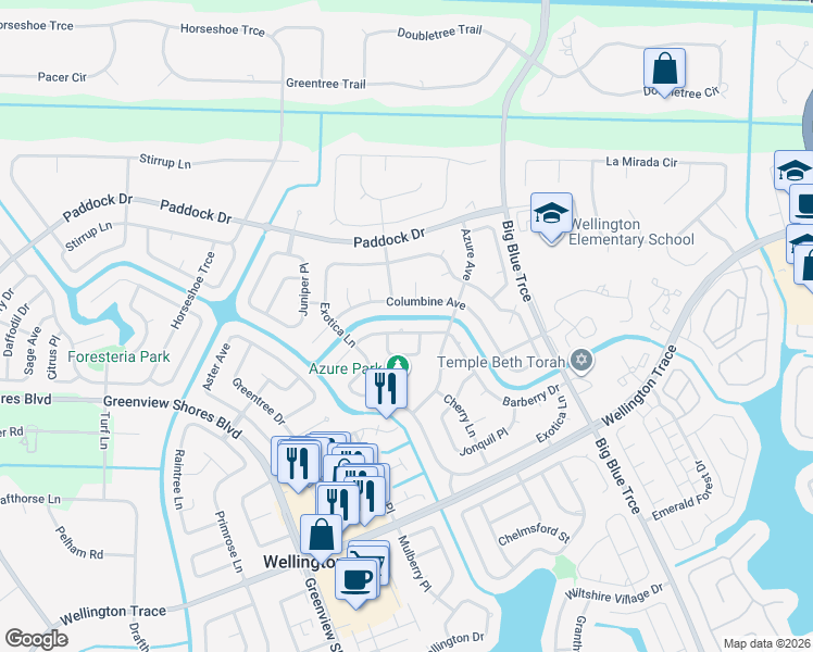 map of restaurants, bars, coffee shops, grocery stores, and more near 13825 Barberry Drive in Wellington