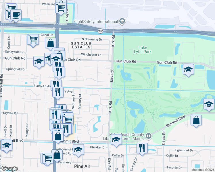 map of restaurants, bars, coffee shops, grocery stores, and more near 461 Kirk Road in West Palm Beach