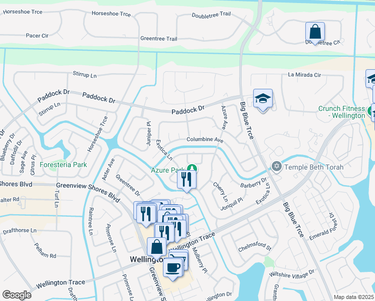 map of restaurants, bars, coffee shops, grocery stores, and more near 13825 Barberry Dr in Wellington